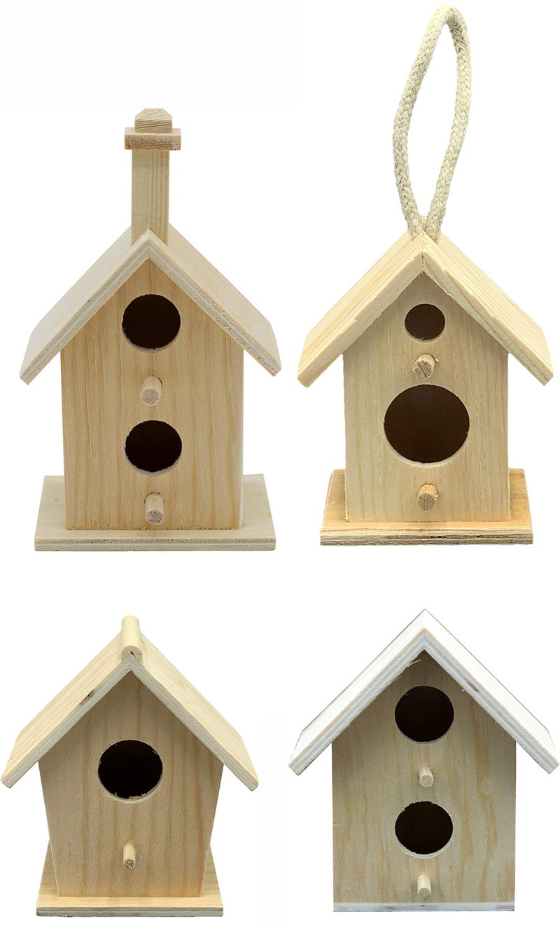 Creative HobbiesÂ® Mini 4 Inch Tall Birdhouse - Set of 4 Styles, Small Unfinished Wood Ready to Paint or Decorate - Image 1